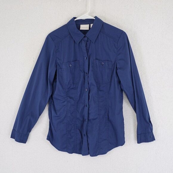 Chico's Blue Pocket Button Front Dress Shirt Size 0 - Picture 1 of 7